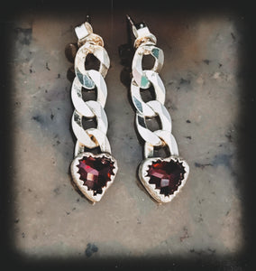 Garnet Heart Chain Earrings