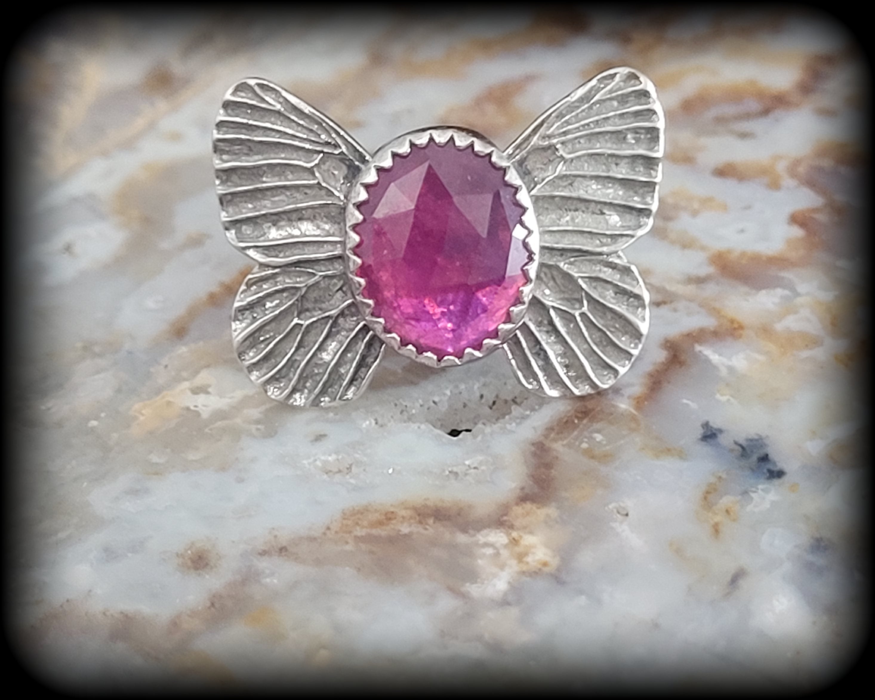 Pink Sapphire Butterfly Ring- Size 6