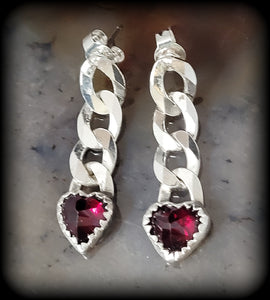 Garnet Heart Chain Earrings